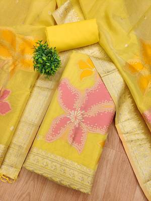 yellow shimmer dress material with zari  1