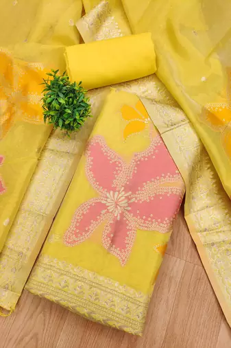 Yellow Zari weaving shimmer dress material for women
