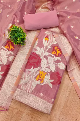 Pink Zari weaving shimmer dress material for women