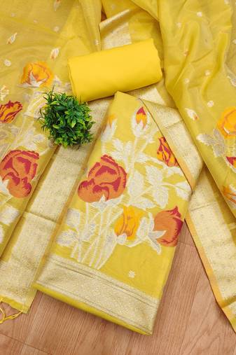 yellow shimmer dress material with zari weaving