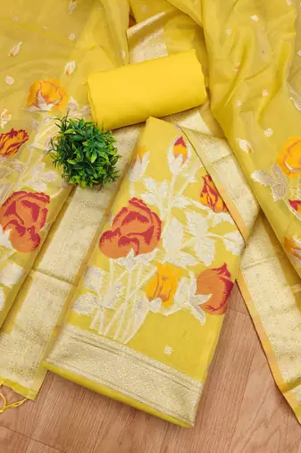 Yellow Zari weaving shimmer dress material for women