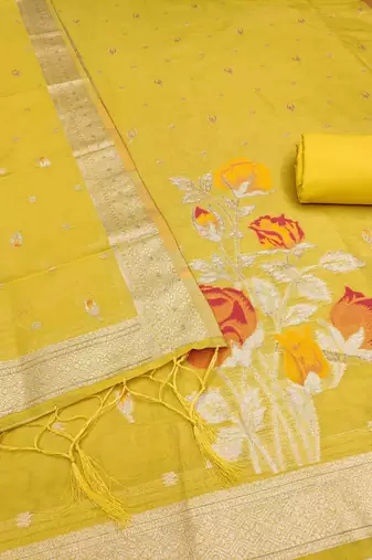 yellow shimmer dress material with zari 