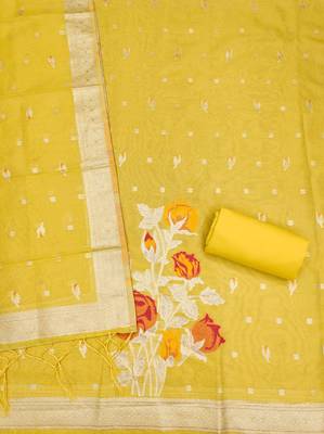 yellow shimmer dress material with zari  4