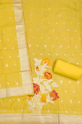 yellow shimmer dress material with zari 