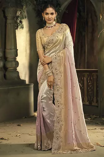 Cream and pink silk blend wedding saree with cut dana, embroidered, moti and zari work