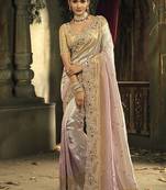 Cream and pink silk blend wedding saree with cut dana, embroidered, moti and zari work