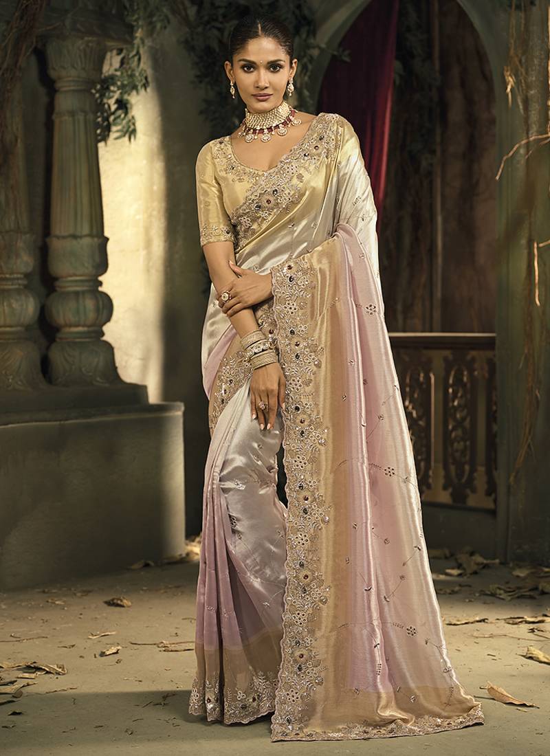Cream and pink silk blend wedding saree with cut dana, embroidered, moti and zari work