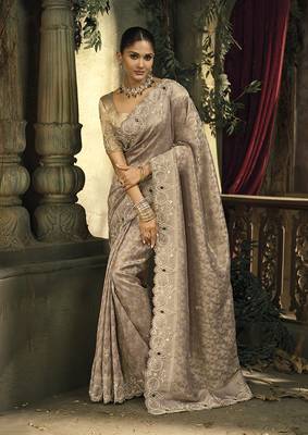 Light brown silk blend embroidered saree 1
