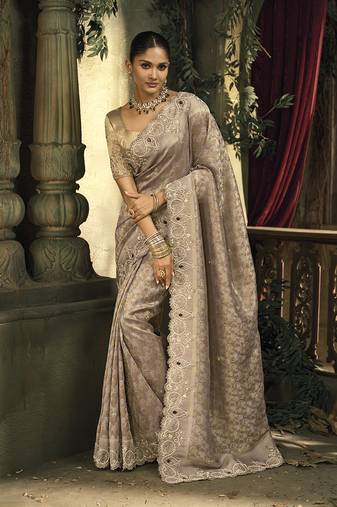 Light brown silk blend wedding saree with cut dana, embroidered, moti and zari work