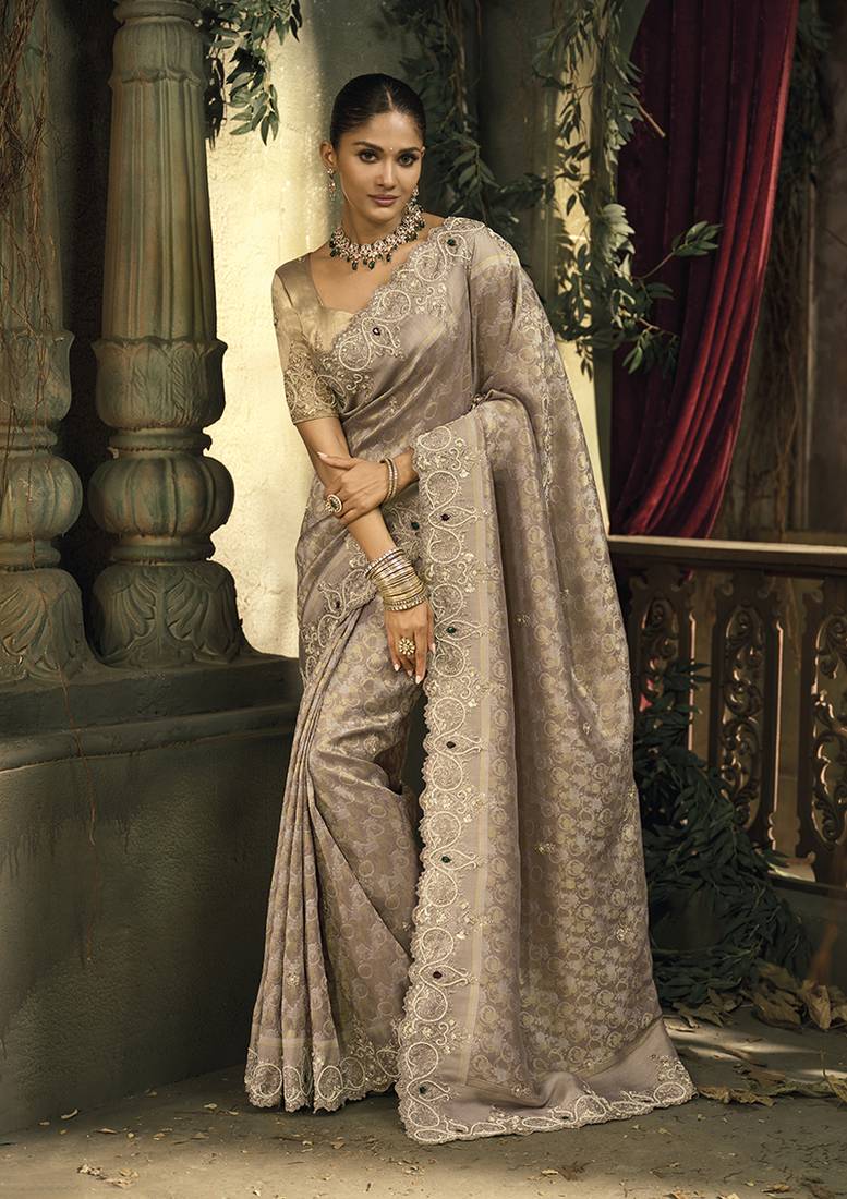 Light brown silk blend wedding saree with cut dana, embroidered, moti and zari work