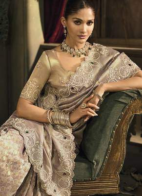 Light brown silk blend embroidered saree 2
