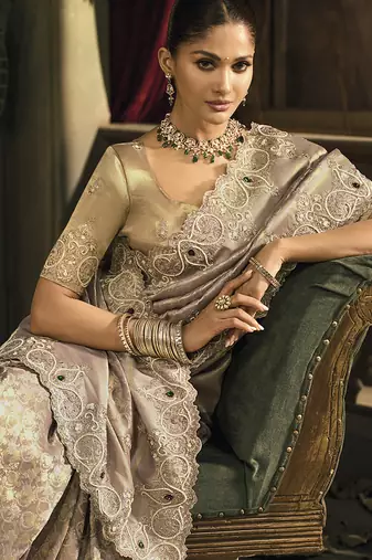 Light brown silk blend embroidered saree