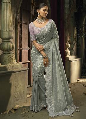 Grey silk blend embroidered saree 1