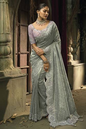 Grey silk blend wedding saree with cut dana, embroidered, moti and zari work