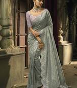 Grey silk blend wedding saree with cut dana, embroidered, moti and zari work