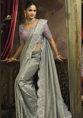 Grey silk blend embroidered saree 2