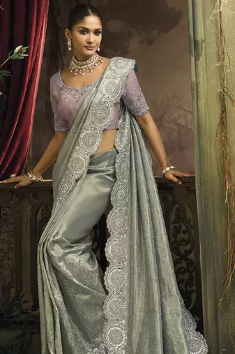 Grey silk blend embroidered saree