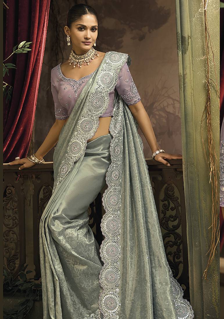 Grey silk blend wedding saree with cut dana, embroidered, moti and zari work