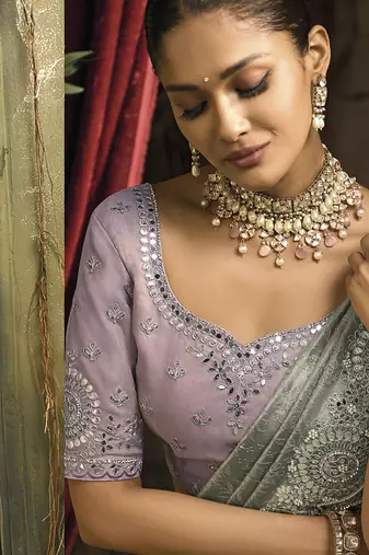 Grey silk blend embroidered saree