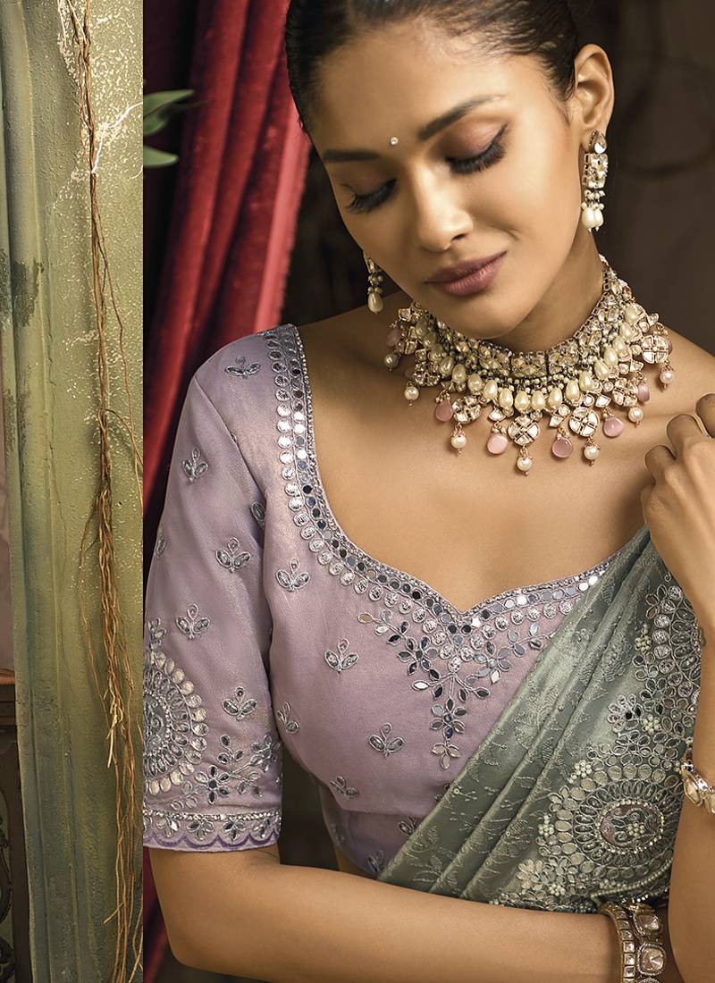 Grey silk blend wedding saree with cut dana, embroidered, moti and zari work