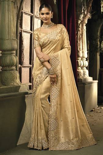 Beige silk blend wedding saree with cut dana, embroidered, moti and zari work