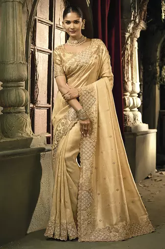 Beige silk blend wedding saree with cut dana, embroidered, moti and zari work