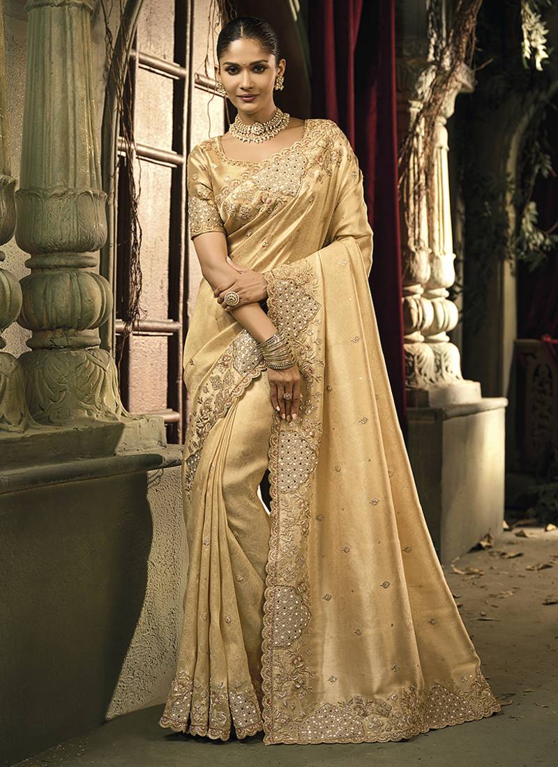 Beige silk blend wedding saree with cut dana, embroidered, moti and zari work