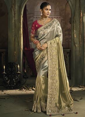Grey & Olive Green silk blend embroidered saree 1