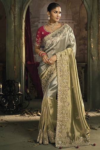 Multicolor silk blend wedding saree with cut dana, embroidered, moti and zari work