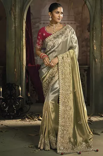 Multicolor silk blend wedding saree with cut dana, embroidered, moti and zari work