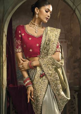 Grey & Olive Green silk blend embroidered saree 2