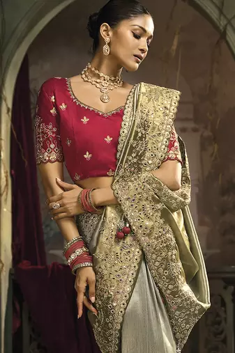 Grey & Olive Green silk blend embroidered saree