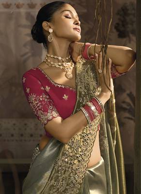 Grey & Olive Green silk blend embroidered saree 3