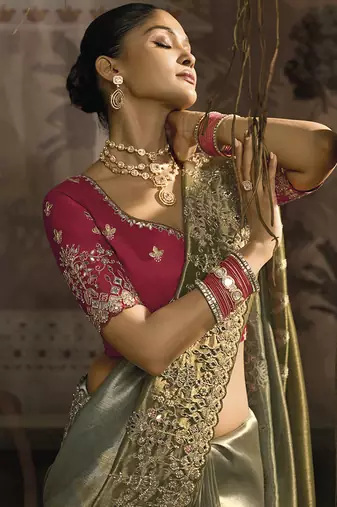 Grey & Olive Green silk blend embroidered saree