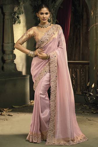 Pink silk blend wedding saree with cut dana, embroidered, moti and zari work