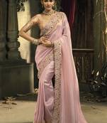 Pink silk blend wedding saree with cut dana, embroidered, moti and zari work
