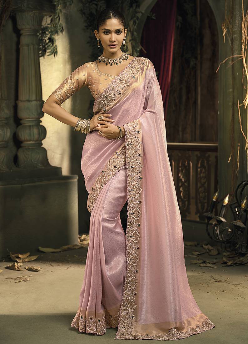 Pink silk blend wedding saree with cut dana, embroidered, moti and zari work