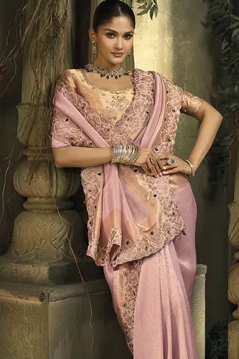 Pink silk blend embroidered saree