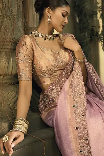 Pink silk blend embroidered saree