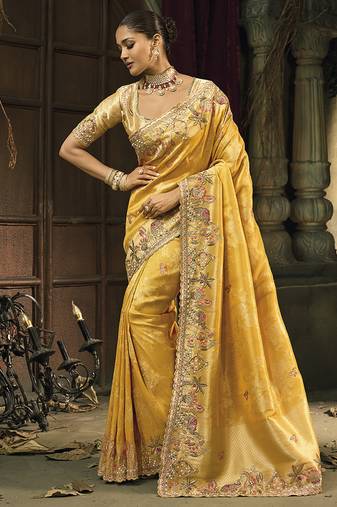 Mustard silk blend wedding saree with cut dana, embroidered, moti and zari work