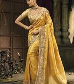 Mustard silk blend wedding saree with cut dana, embroidered, moti and zari work