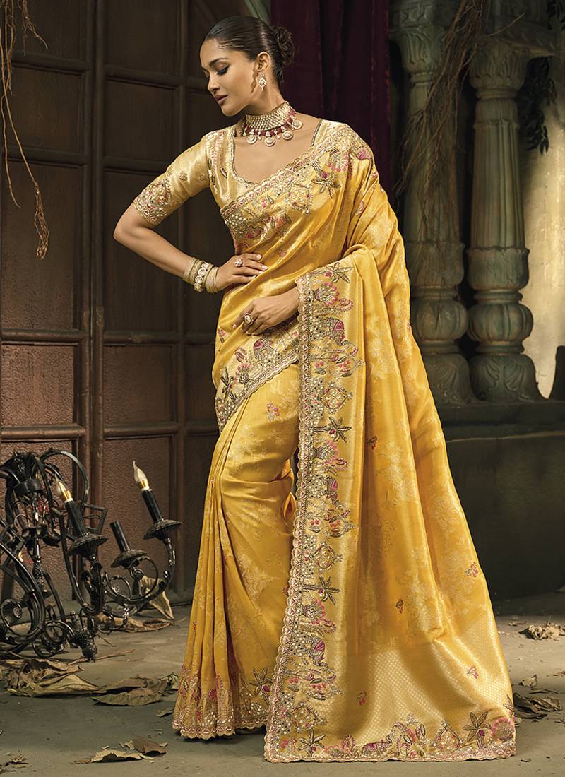 Mustard silk blend wedding saree with cut dana, embroidered, moti and zari work
