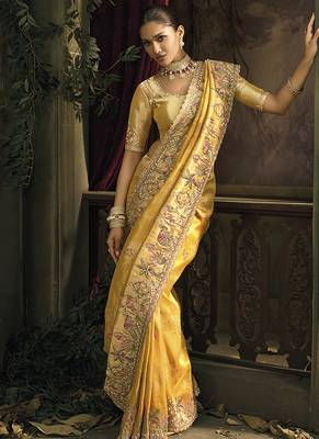 Mustard silk blend embroidered saree 2