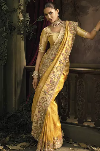 Mustard silk blend embroidered saree