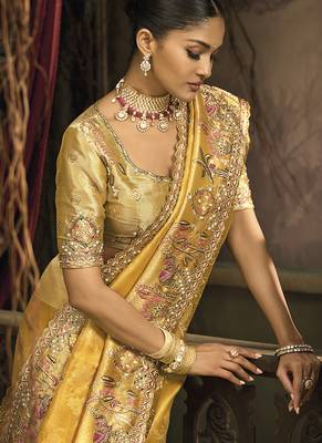 Mustard silk blend embroidered saree 3