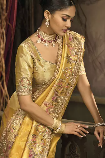 Mustard silk blend embroidered saree