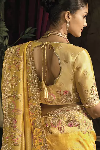 Mustard silk blend embroidered saree