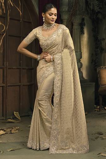 Cream silk blend wedding saree with cut dana, embroidered, moti and zari work