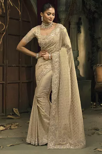 Cream silk blend wedding saree with cut dana, embroidered, moti and zari work