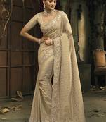 Cream silk blend wedding saree with cut dana, embroidered, moti and zari work